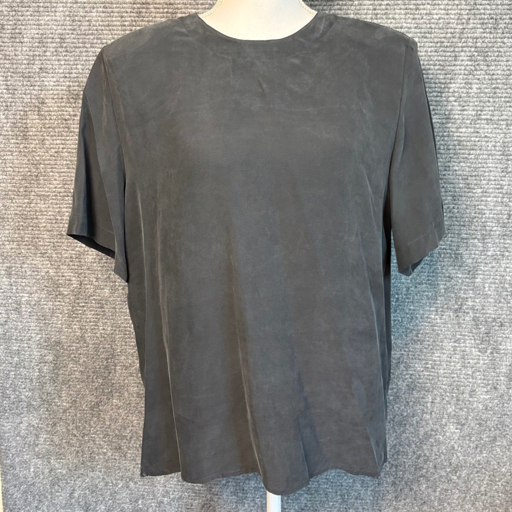 Karen Arnold 100% Silk Blouse Womens L Gray Short Sleeve Minimalist Top